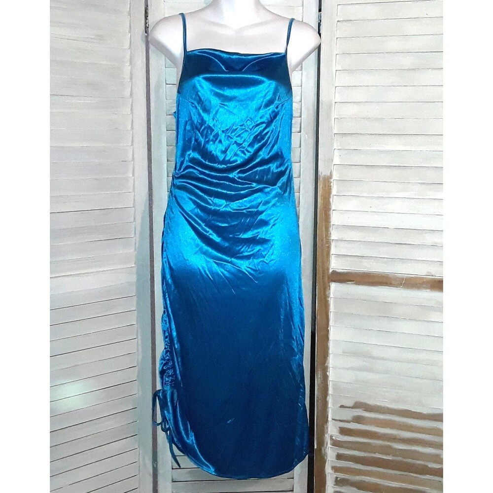 Vintage Y2K Slip Dress Size Small Cowl Neck Side Side Ruche Torquoise